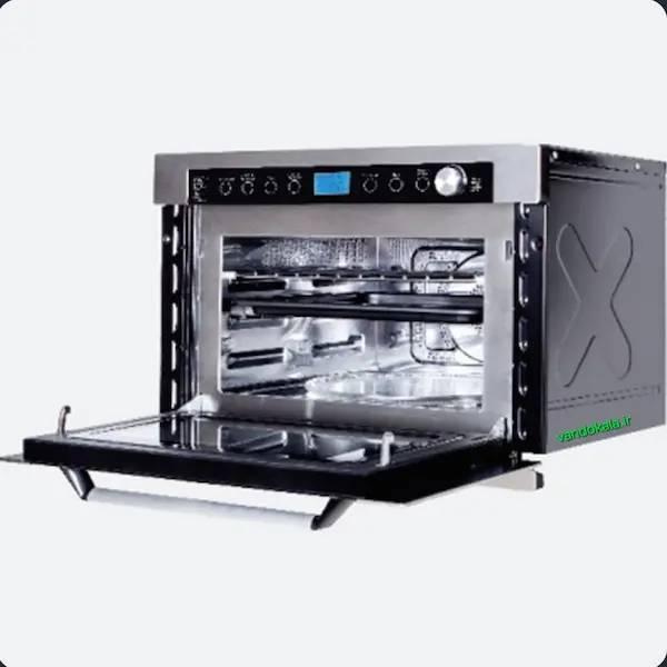نمای داخل مایکروویو تاکنوگلد MGS34 نمای داخلی و درب باز مایکروویو توکار تاکنوگلد مدل MGS34 با سینی و طبقات در واندوکالا